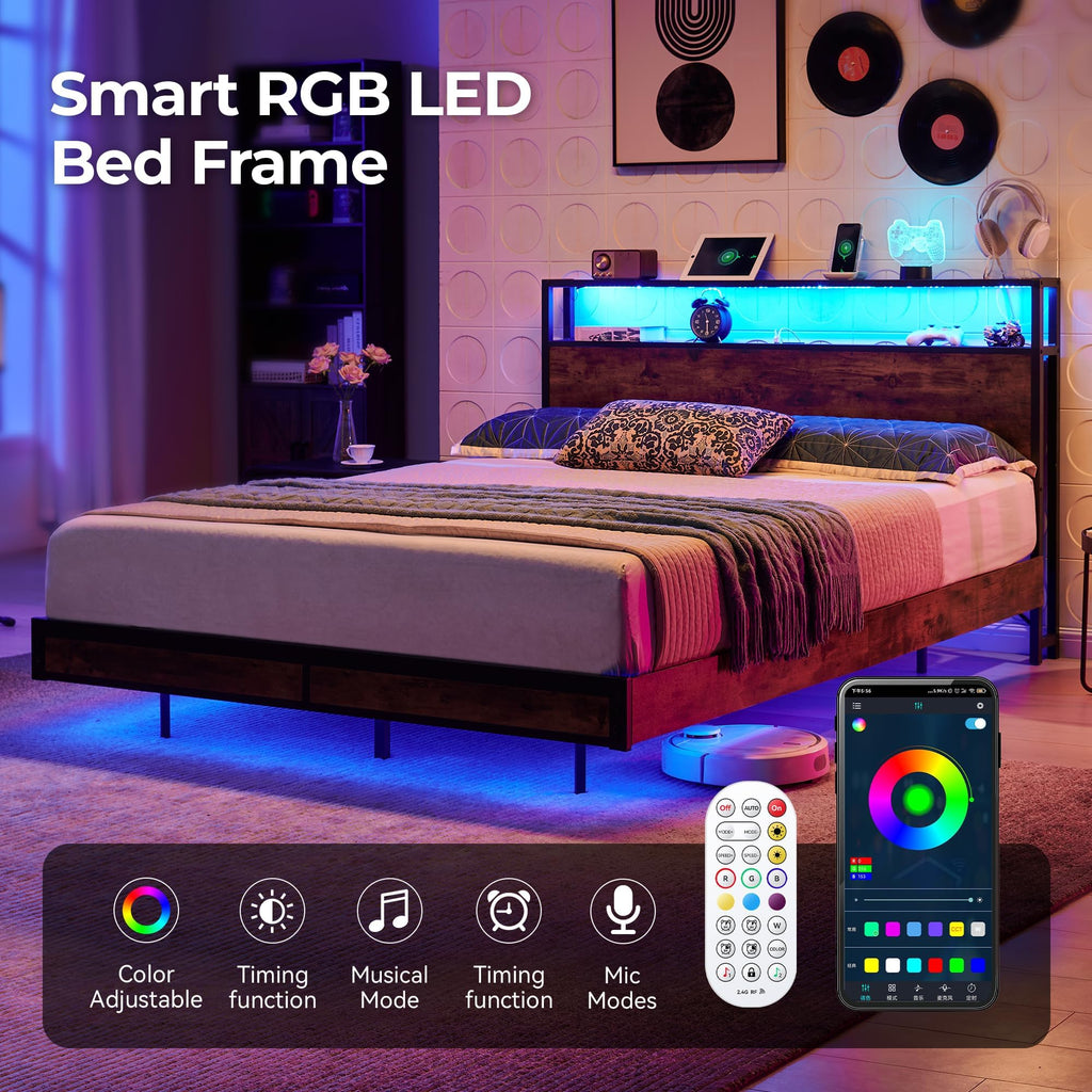 Bed Frame with 2-Tier Storage Headboard, Sturdy Metal Platform Bed Frame with Charging Station & LED