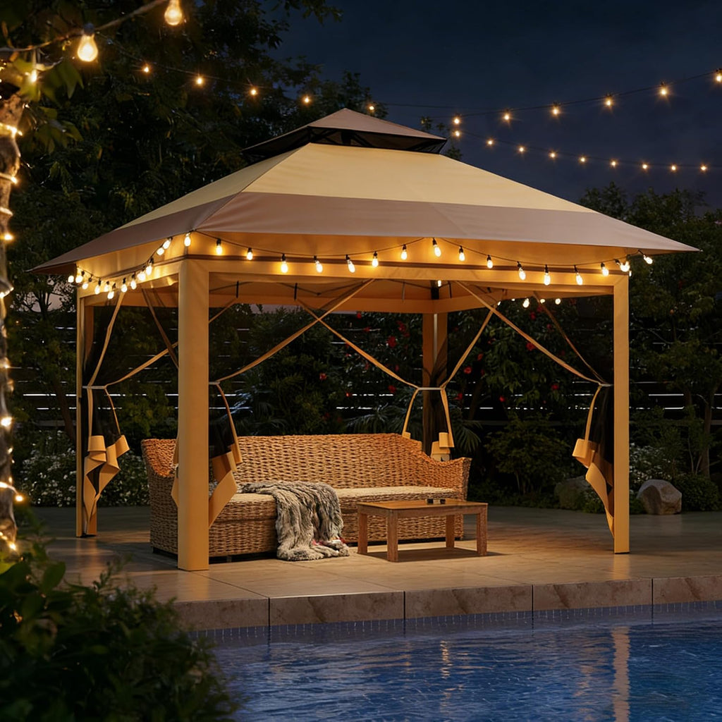 13x13 Pop Up Gazebo, Instant Outdoor Gazebo with Mosquito Netting, Vented Roof and Carry Bag - Beige & Coffee