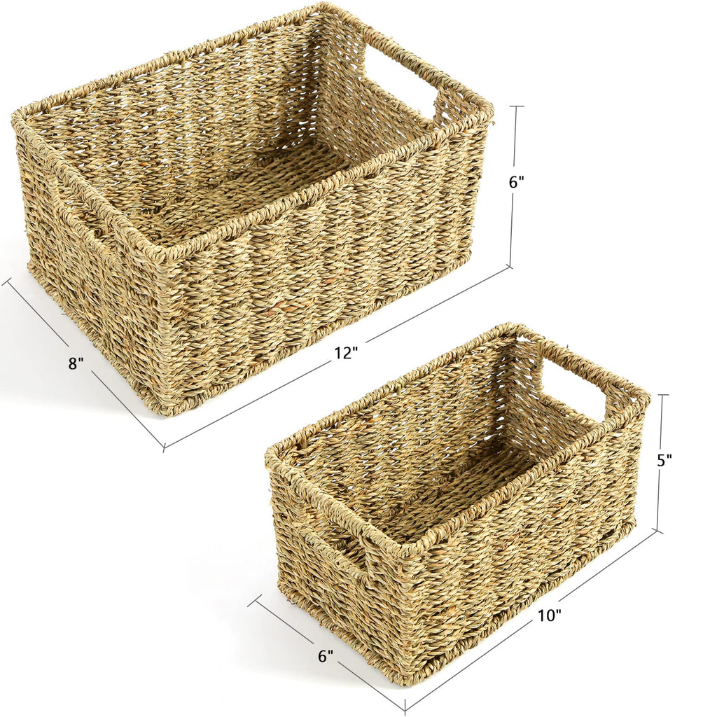 Wicker Baskets for Storage, Seagrass Baskets with Dual Handles, Woven Baskets for Shelves, Set of 2, Natural