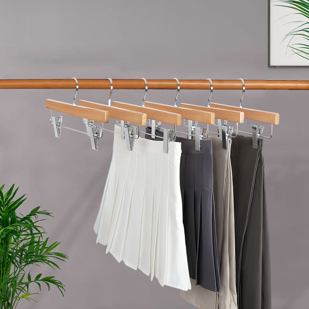 Pants Hangers, Luxury Natural Wooden Skirts Hangers with 2 Big Premium Metal Clips and 360° Swivel Anti-Rust Flat