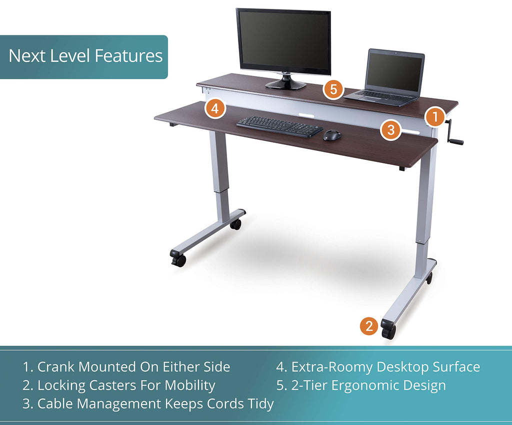 Crank Adjustable Tier Standing Desk with Heavy Duty Steel Frame (Silver Frame/Dark Walnut Top, 48in Wide)