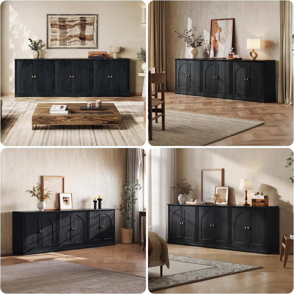 Monos 95" Storage Cabinet Set of 3 with Doors & Shelves, Modular Fluted Accent Arched Sideboard Buffet Cabinet