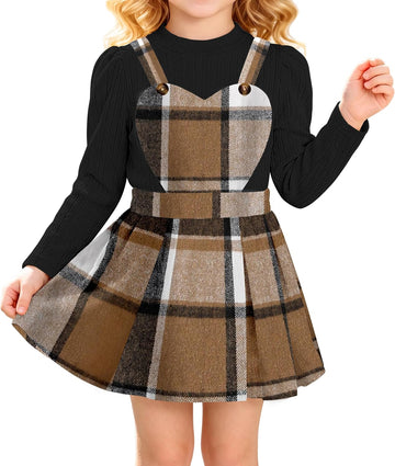 Toddler Girl Plaid Outfits Knit Ribbed Tops Heart Suspender Skirts