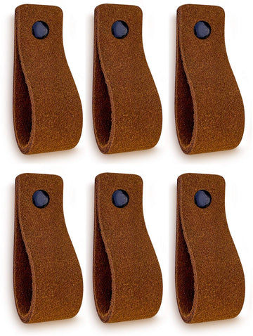 Leather Drawer Pulls - Suede - Cognac - 6 pcs - 6-1/2 x 1 '' - Leather Handle - Leather Dresser Pulls - Cabinet knobs