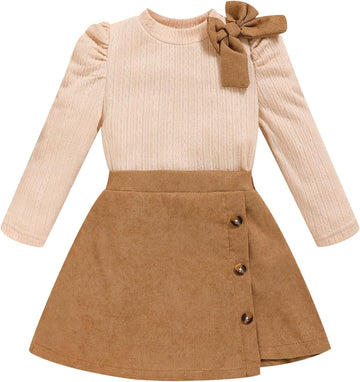 Toddler Girl Plaid Outfits Fall Winter Dress Knit Ribbed Bow Sweatshirt Tops and Button Fashion Skirts Set