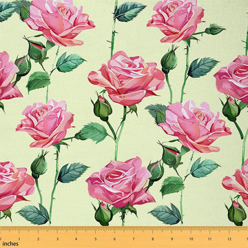 Pink Rose Print Fabric by The Yard Soft Polyester, Flowers Green Leaves Plant Fabric for Craft Lovers and Sewing