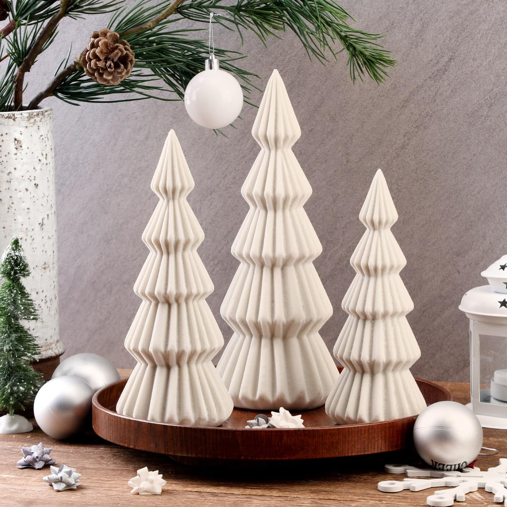 Set of 3 Velvet Ceramic Christmas Tree Decor, Cream White