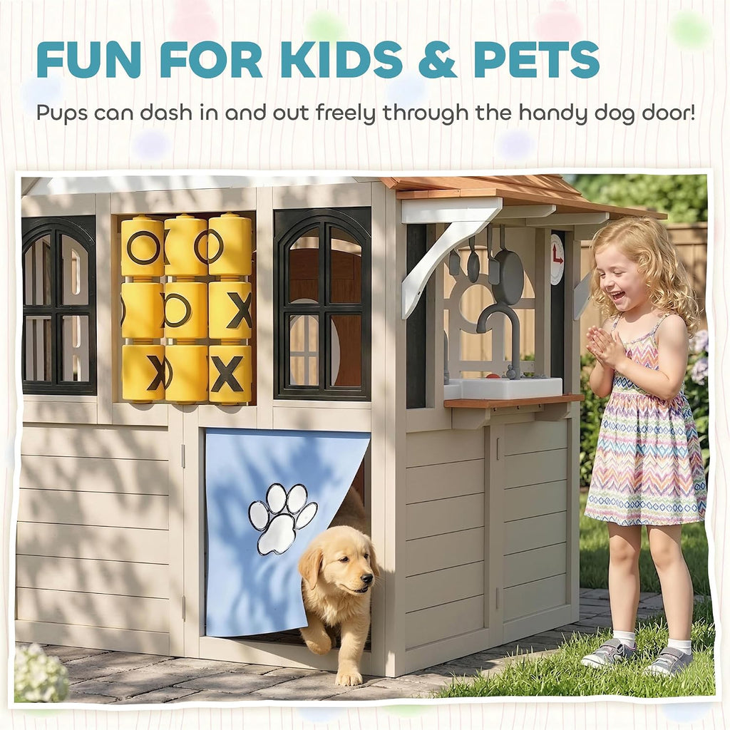Outdoor Playhouse Wooden Kids Playhouse with Dog Door Ages 2+ Gray | Kids Cottage, Cookware, Blackboard, Clock