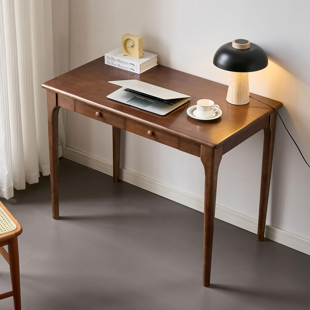 47" Walnut Solid Wood Desk with Drawers, Mid Century Modern Natural Real Wood Writing Desk, Home Bedroom Small Spaces