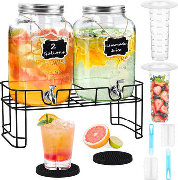 Gallon Glass Beverage Drink Dispenser with Stand Dual Beverage Dispensers with Ice Cylinder Steel Spigot - Set of 2
