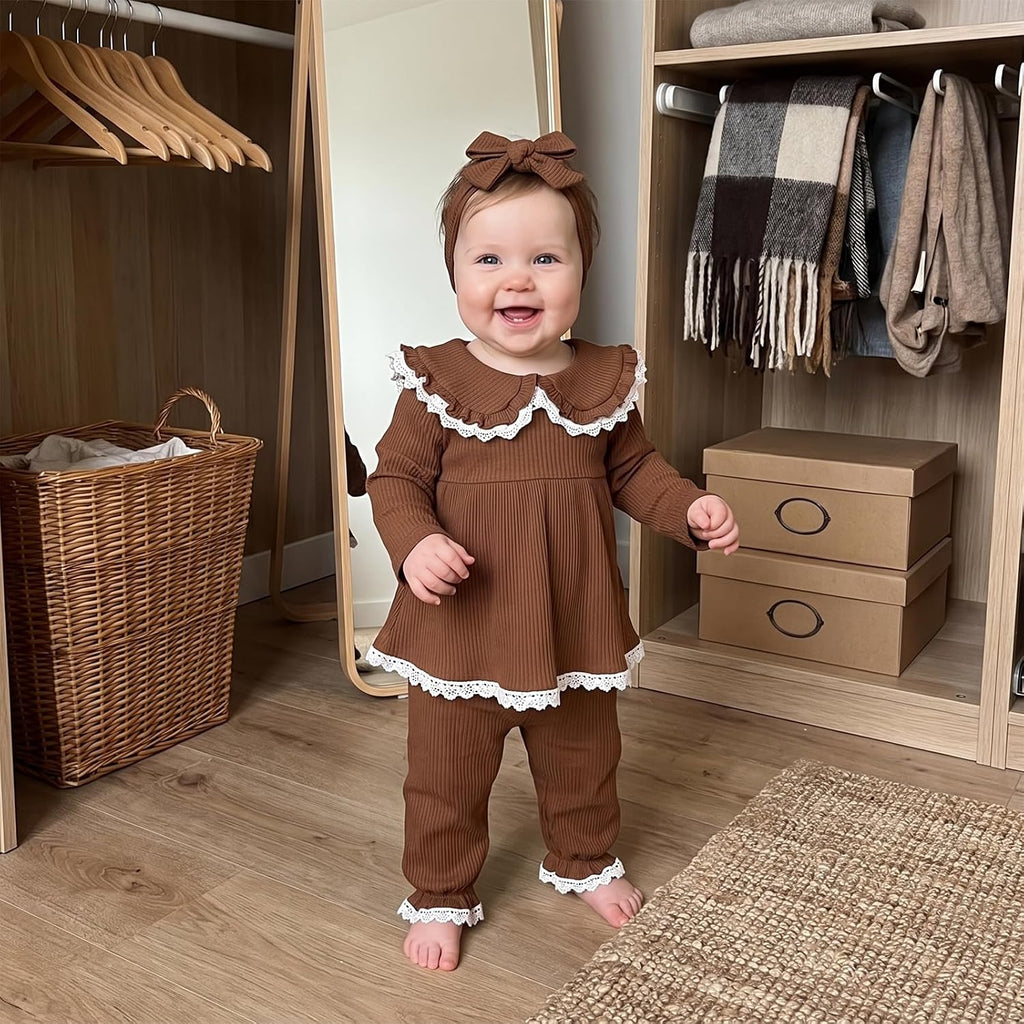 Baby Girl Clothes Toddler Fall Winter Outfit Ribbed Sweatshirt Top Pant Set