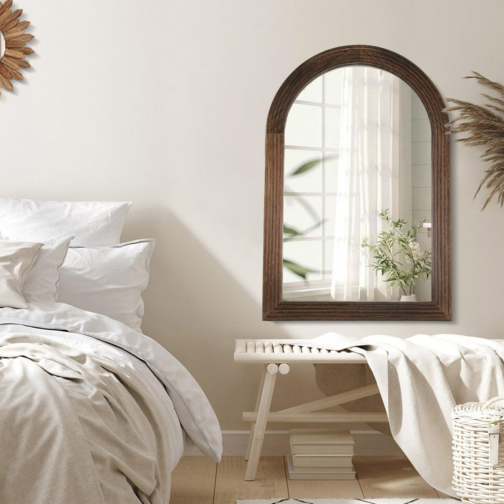 Arched Mirror, Farmhouse Decor Solid Wood Frame Wall Mirror, Bathroom Mirrors, Large Vintage Mirror, Foyer (Coffee