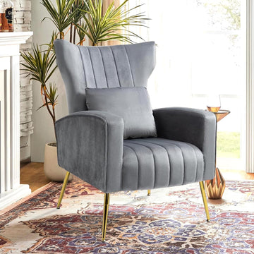 Velvet Accent Chair with High Wingback, Mid-Century Armchair Bedroom, Guest Reception Chair, Button-Tufted, Gold