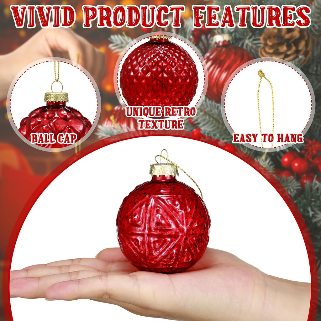 Christmas Red Glass Ball Ornaments, Tree Decoration - Set of 12