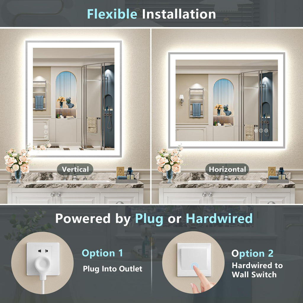 44x30 Inch Brushed Nickel LED Bathroom Mirror, Backlit & Front Lit