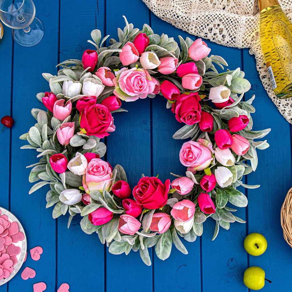 20 Inches Farmhouse Valentines Wreath Modern Valentine Flower Wreath Rocco Valentines Day Door Wreaths with Red Pink