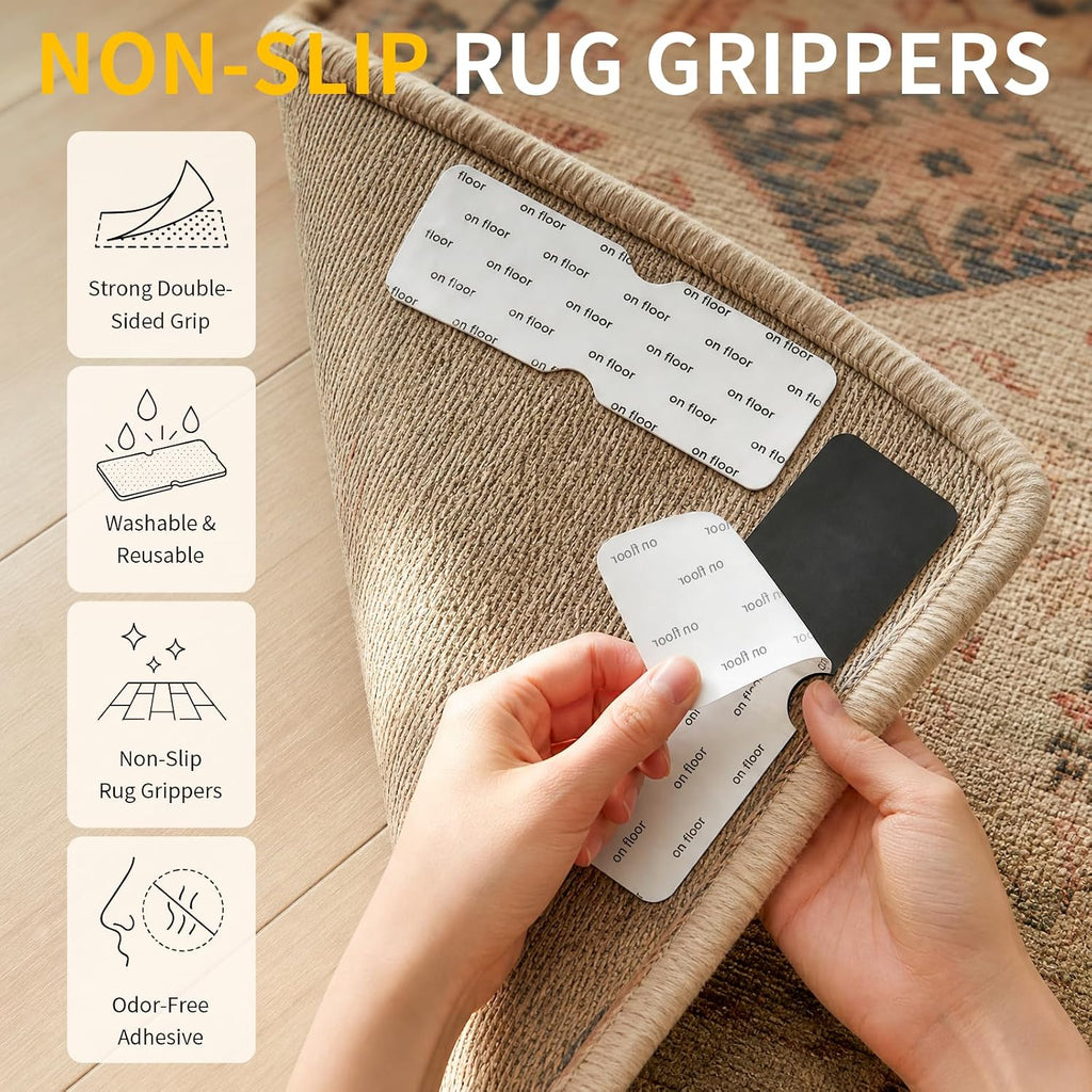 Rug Grippers for Hardwood Floors, No Damage Reusable Non Slip Rug Tape Pads, Washable Strong Adhesive Carpet Grippers - Set of 8