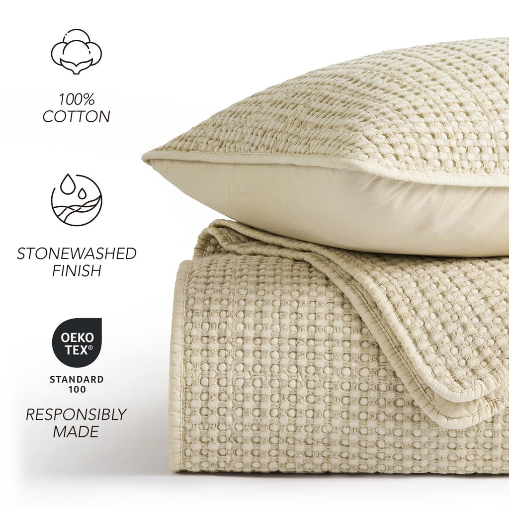 Stonewashed Cotton Waffle Quilt Set, Natural