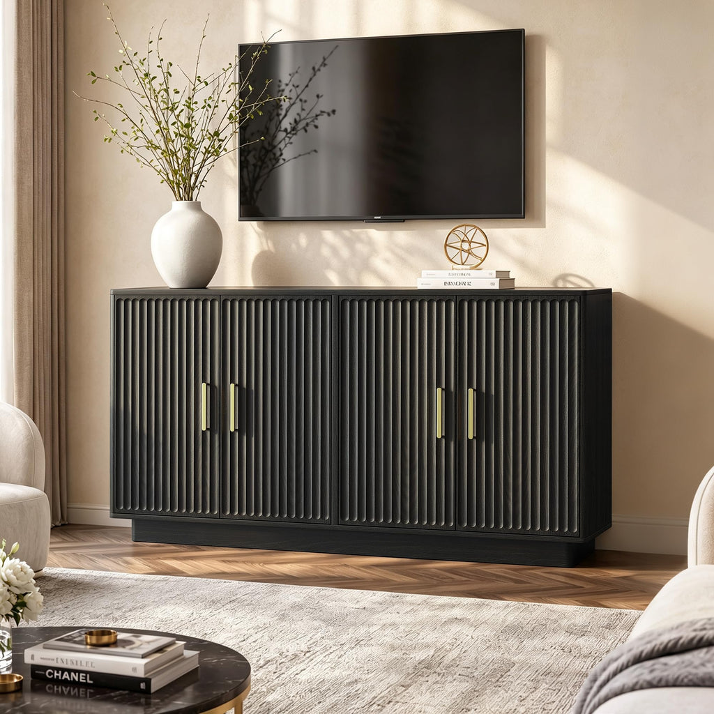 55" Fluted Buffet Cabinet with Storage, Modern Credenza, Black