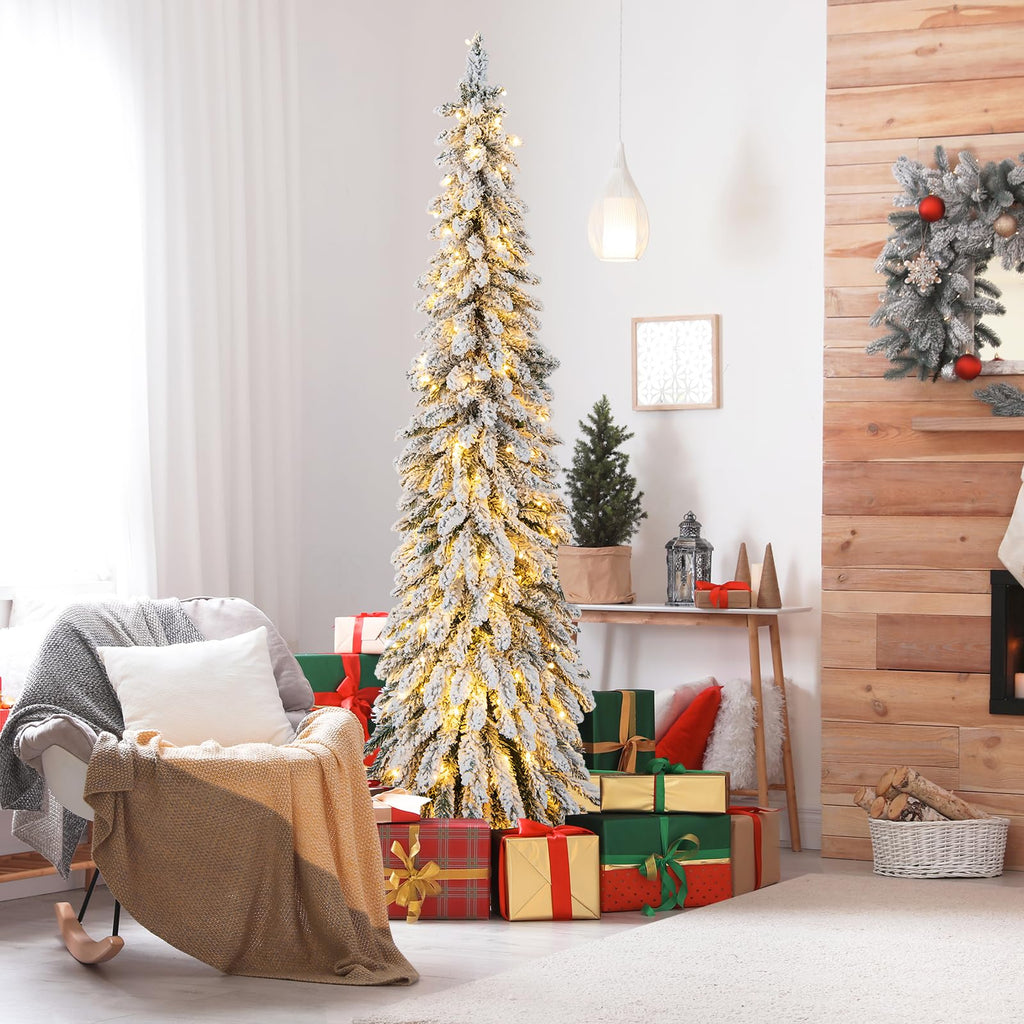 6 FT Pre-Lit Artificial Christmas Tree, Snow Flocked Slim Pencil Christmas Tree with Multi-Color & Warm-White LED