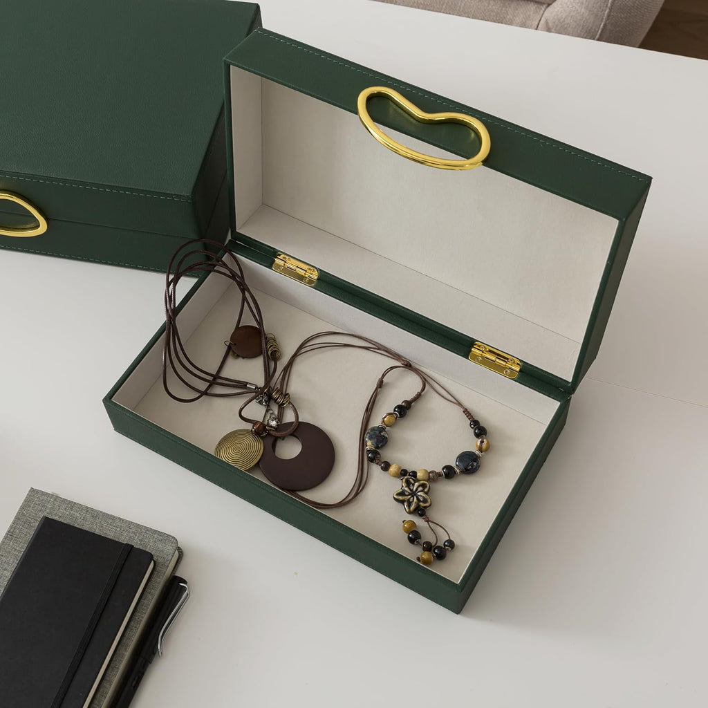 Faux Leather Boxes with Lids, Forest Green - Set of 2