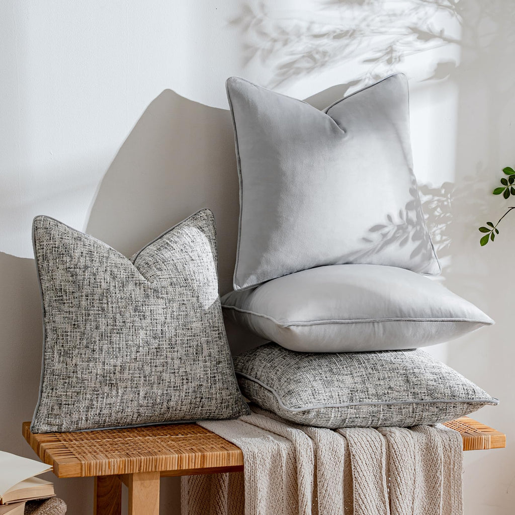 Grey 4 Pack Throw Pillow Covers - Chenille & Velvet Set with Piping, Farmhouse Textured Design Pillow Cases for Couch