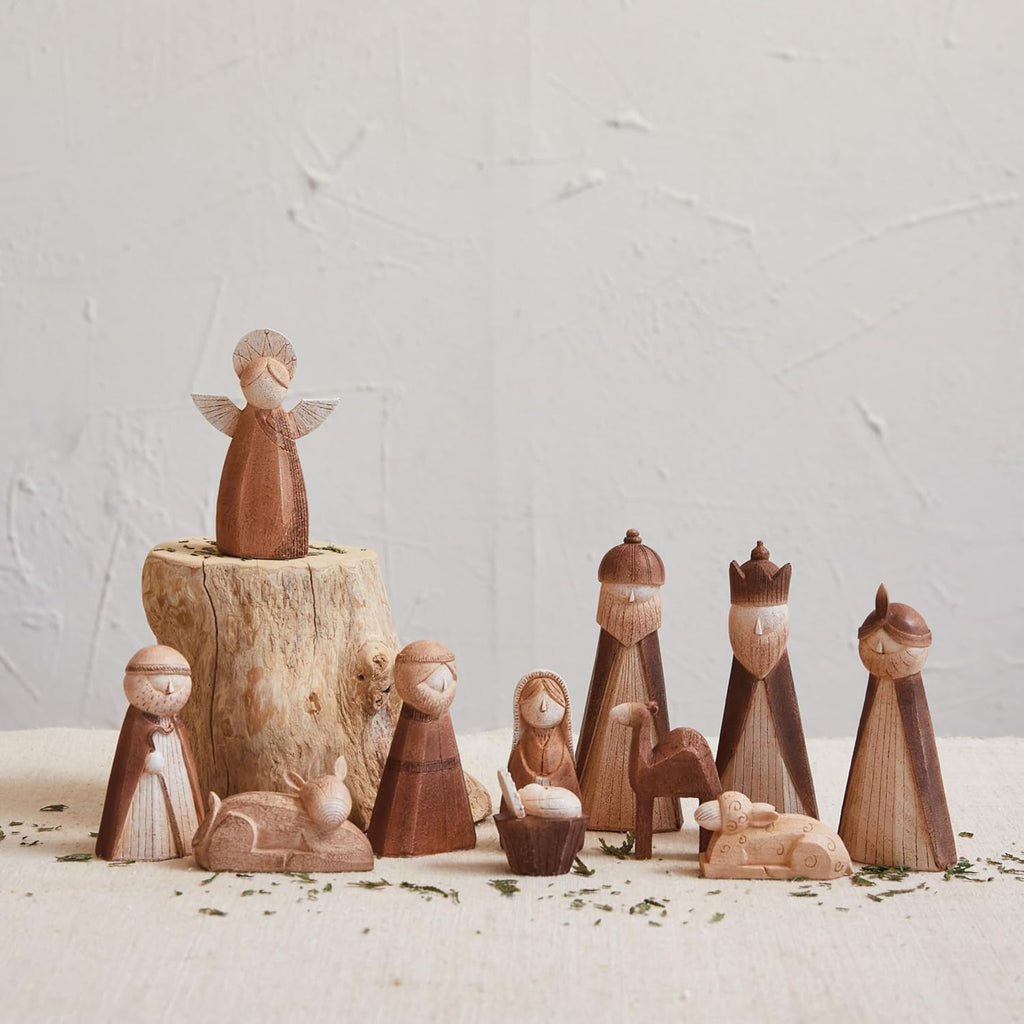 Wood-Finish Resin Nativity Set, Natural, Set of 11