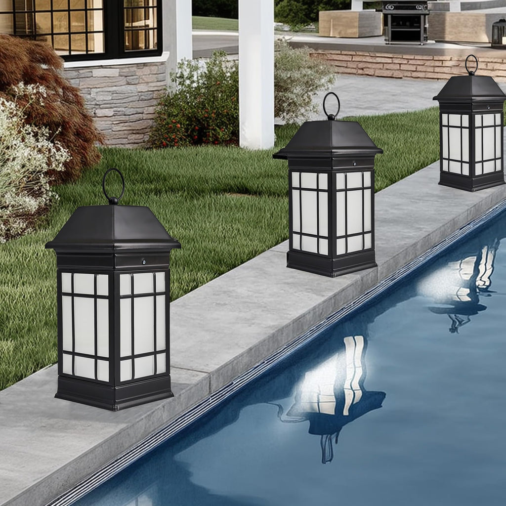 15.5" Solar Lantern Outdoor Waterproof, Glass Flickering Flame Solar Lanterns, Hanging Metal Lantern Decorative Front