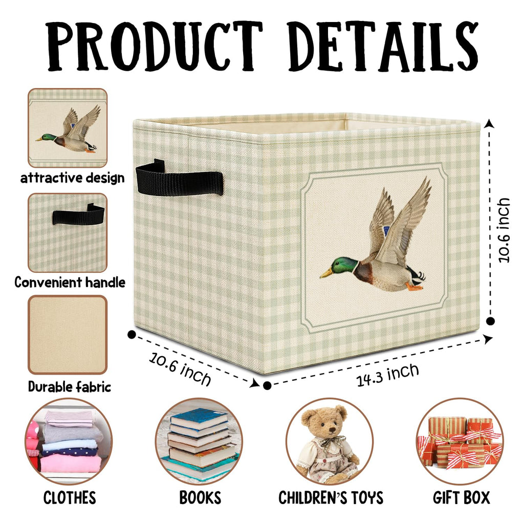 Green Checkered Mallard Duck Storage Bins Box with Handles, Rustic Flying Mallard Duck Plaid Laundry Basket Hamper