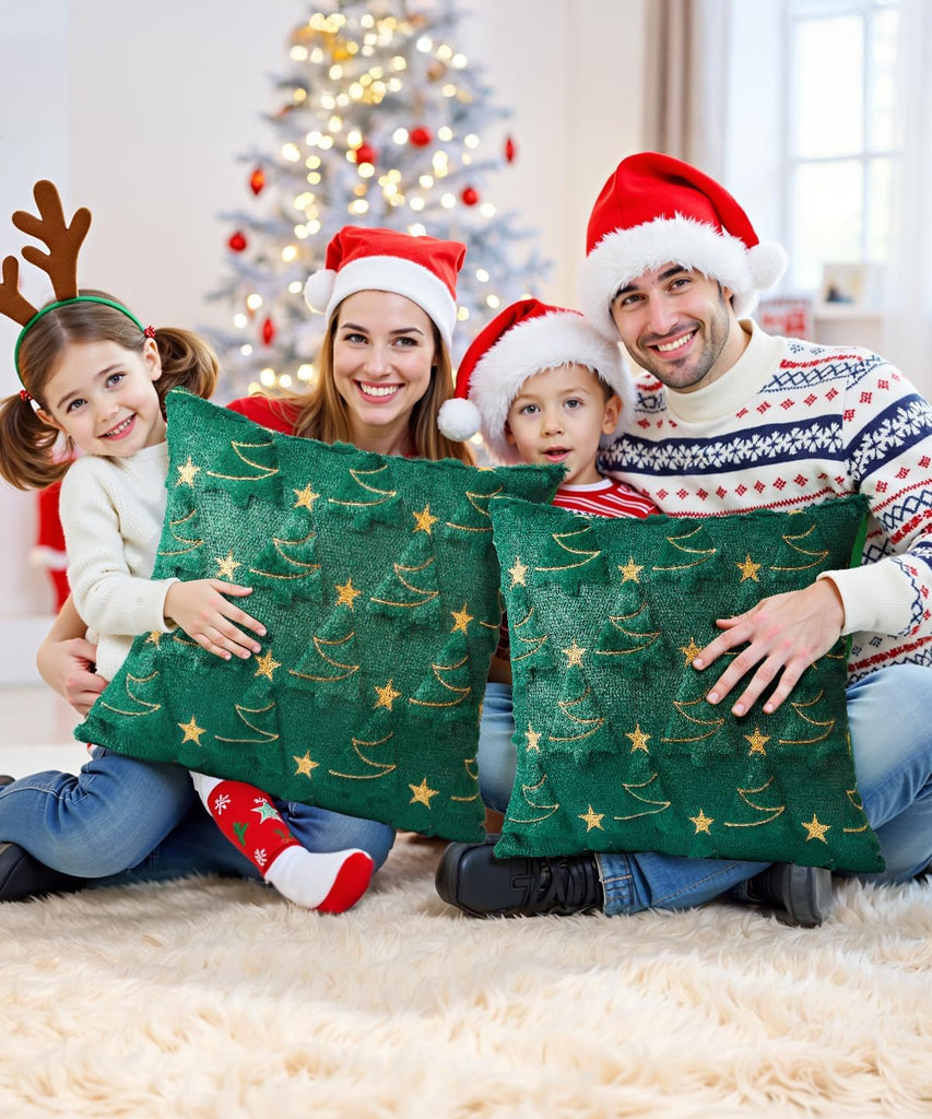 Christmas Pillow Covers Soft Plush Faux Fur Pillow Cases 3D Embroidered Decorative Couch Cover Home Decor - Set of 2
