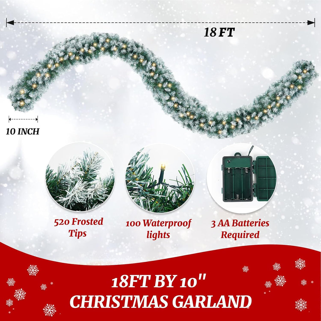Christmas Garland with Light, 18 FT Chrismas Garland with 100 Lights and 520 Frosted Tips for Mantle, Staircase