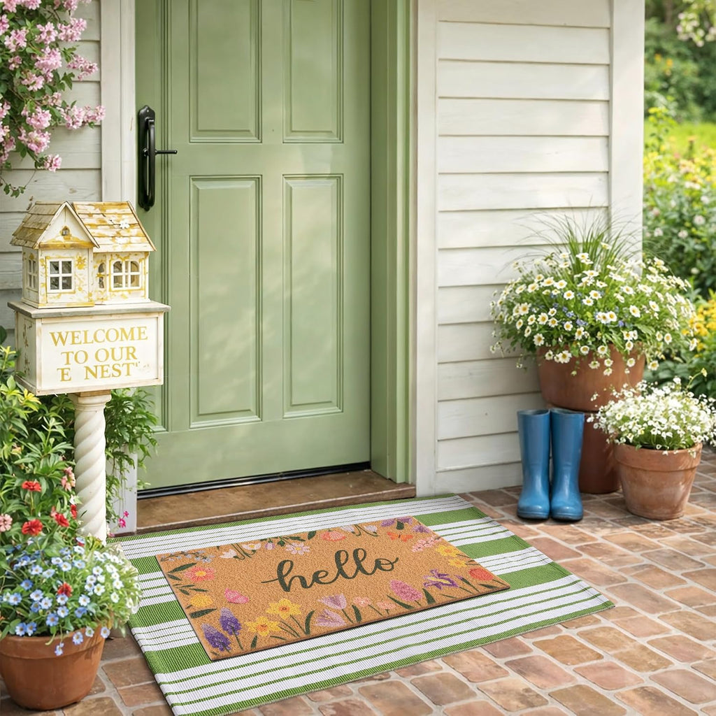 Wildflower Welcome Mat 17" x 29.5" + 27.6" x 43.3" Green White Striped Rug | Two-piece Layered Design Combines