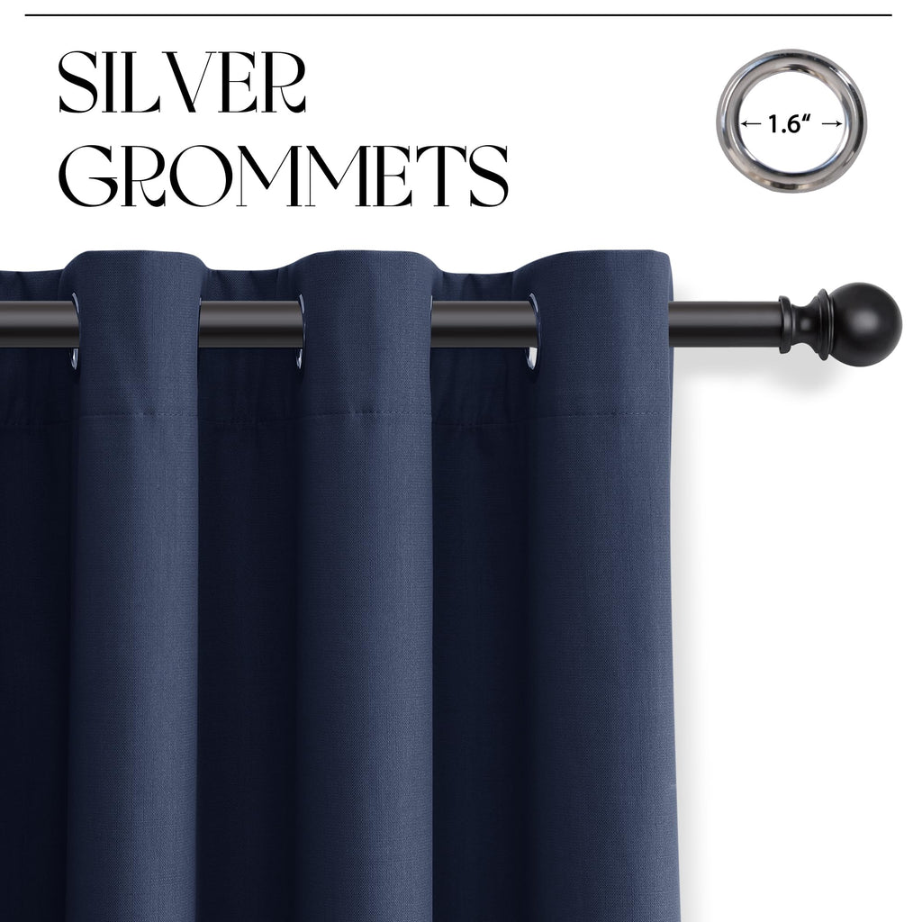 Navy Blue Linen Grommet Blackout Curtains 90 Inch Long