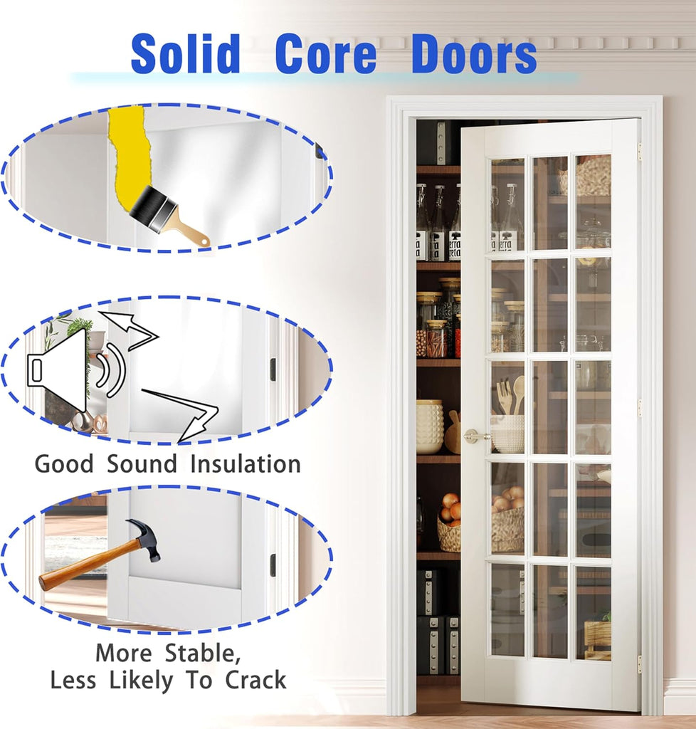 French Door, 32" x 80", 15-Lite Clear Glass, Prehung Interior Door, Right-Handed, White MDF with Door Jamb & Hardware Kit