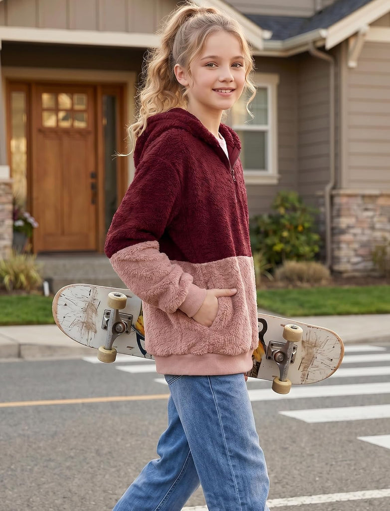 Girls Fuzzy Hoodie Quarter Zip Sweatshirt