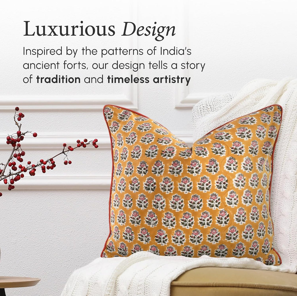 CPC 100% Cotton Throw Pillow Covers 20x20 Inch, Set of 2 Yellow Block Print Pattern Couch Pillow, Cute Boho