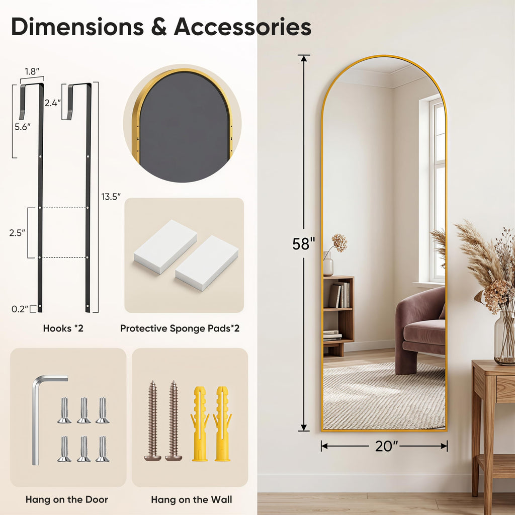 58"x20" Over The Door Mirror, Arched Full Length Mirror, Gold