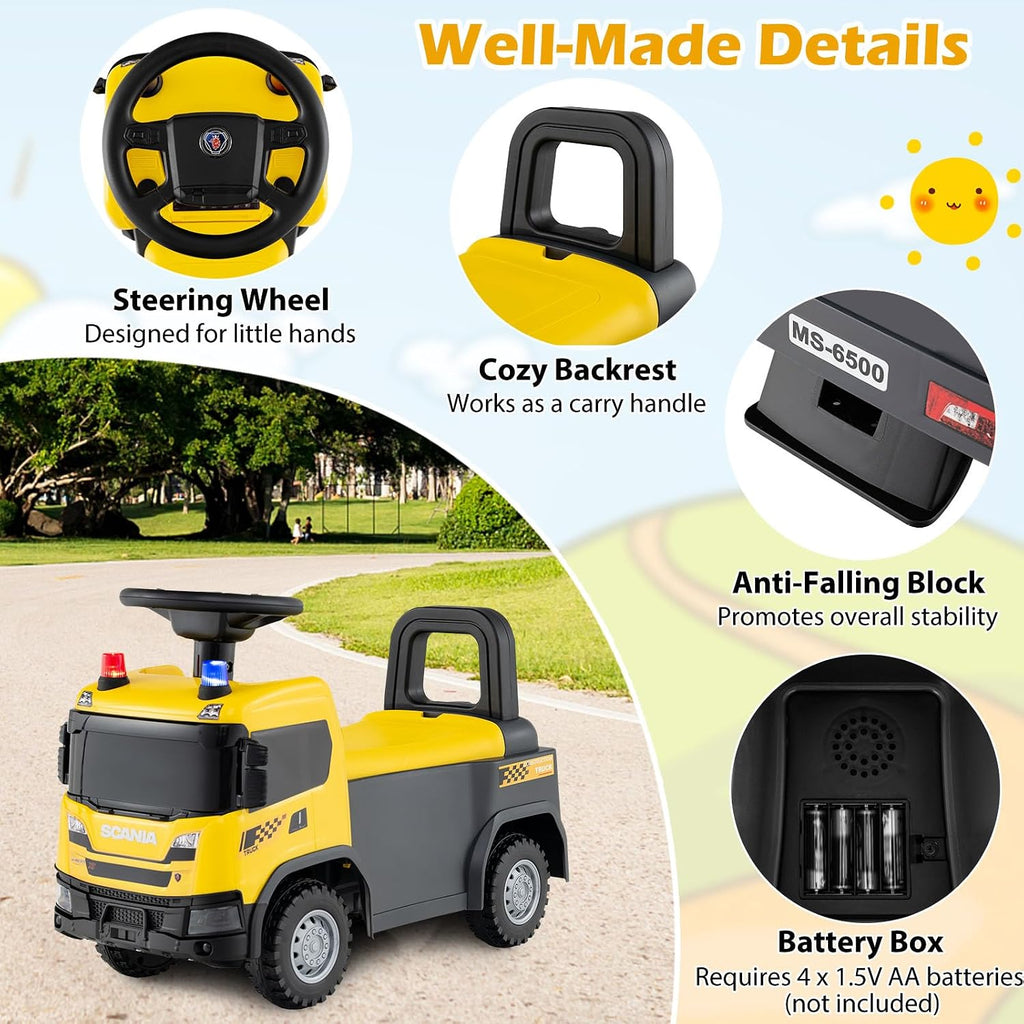 Ride On Construction Vehicle for Kids, Licensed Scania Push Car, Light & Sound, Under-Seat Storage, No Power