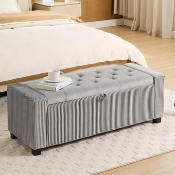 43 Inch Velvet End of Bed Storage Bench, Gray Ottoman with Storage | Storage Ottoman Bench, Safety Hinge, Holds 330