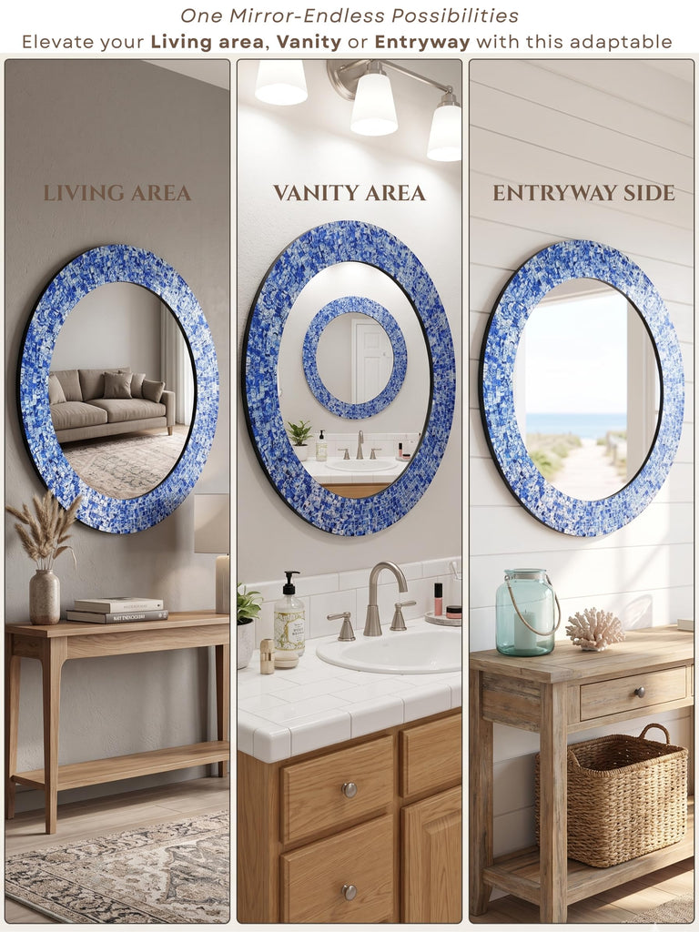 24" Round Mosaic Wall Mirror Sapphire Blue & Silver Glass Tile Frame Handmade Decorative Accent Mirror Bathroom