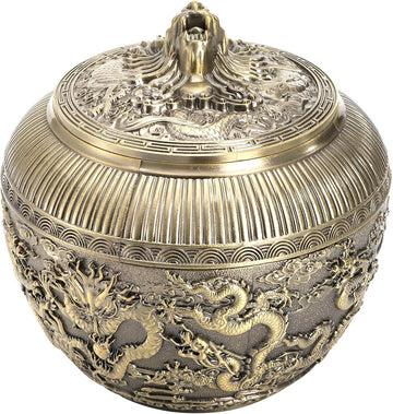 Round Metal Container with Dragon Finial, Metal Living Room Decorative Jar, Dragon Decorated Covered Jar, Bronze