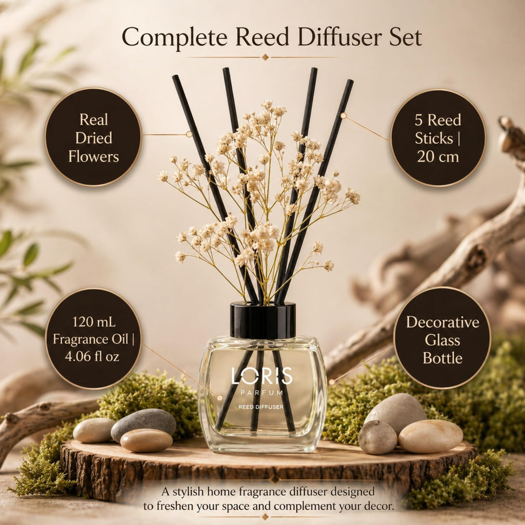 Sandalwood Reed Diffuser Set with Dried Flowers | Reed Diffusers with Sticks | Bathroom Diffuser & Room Scent