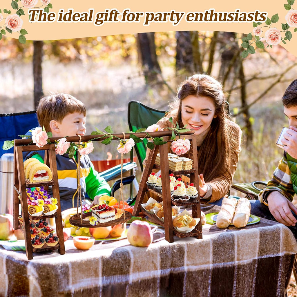 3 Tier Wooden Cupcake Stand with Swing and Flower Decoration | Large Dessert Stands with Serving Tray, Removable