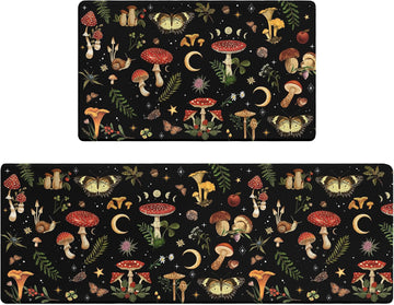 Mushroom Rug Kitchen Mats for Floor Cushioned Anti Fatigue Kitchen Rugs Sets of 2, Non Slip Waterproof Black Kitchen