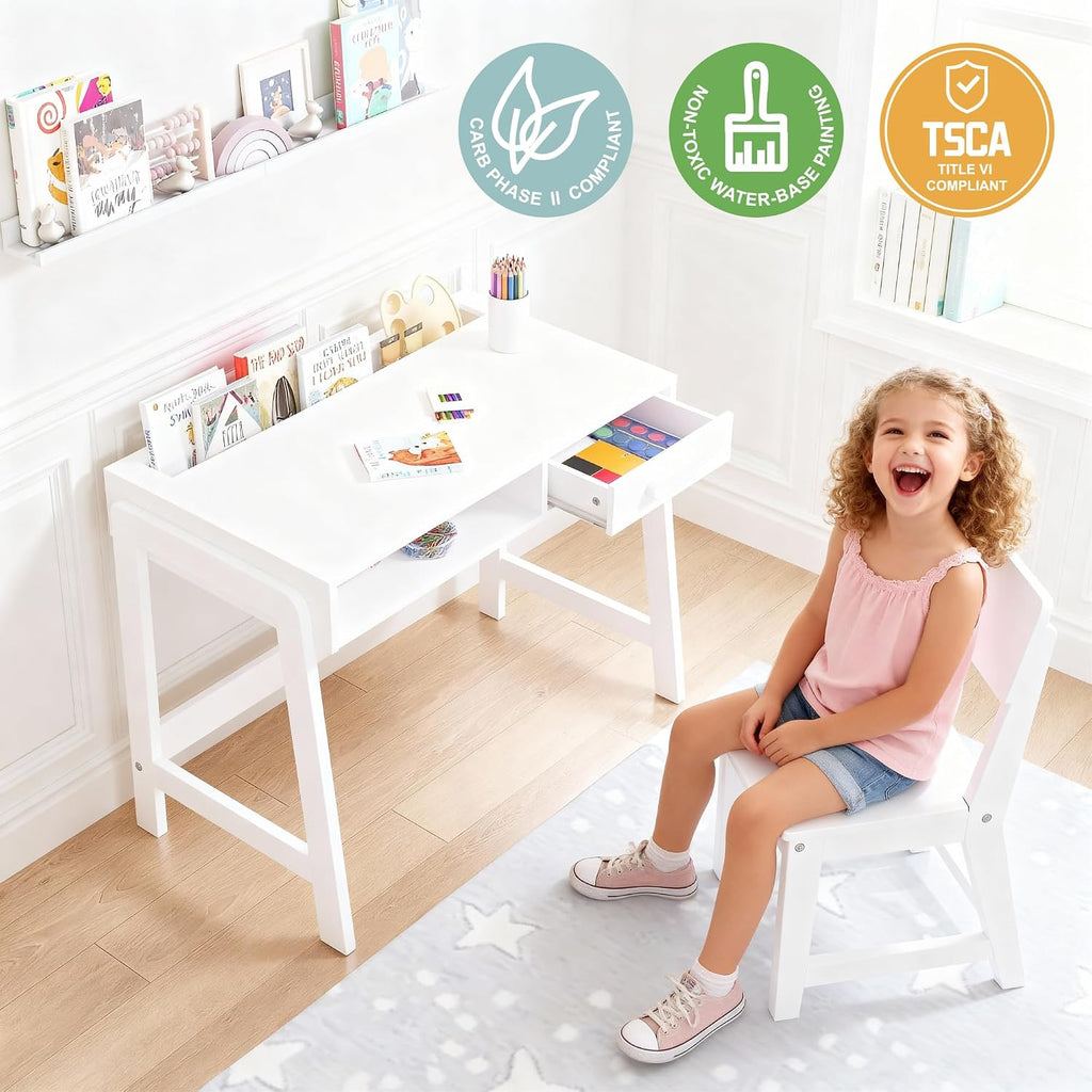 Wooden Kids Desk and Chair Set with Open Storage & 1 Drawer