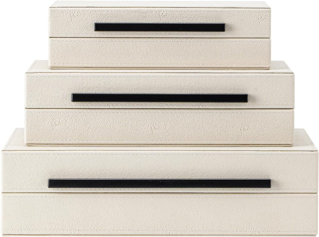 Beige Shagreen Decorative Storage Boxes with Black Metal Handles -Faux Leather Large Modern Stackable - Set of 3