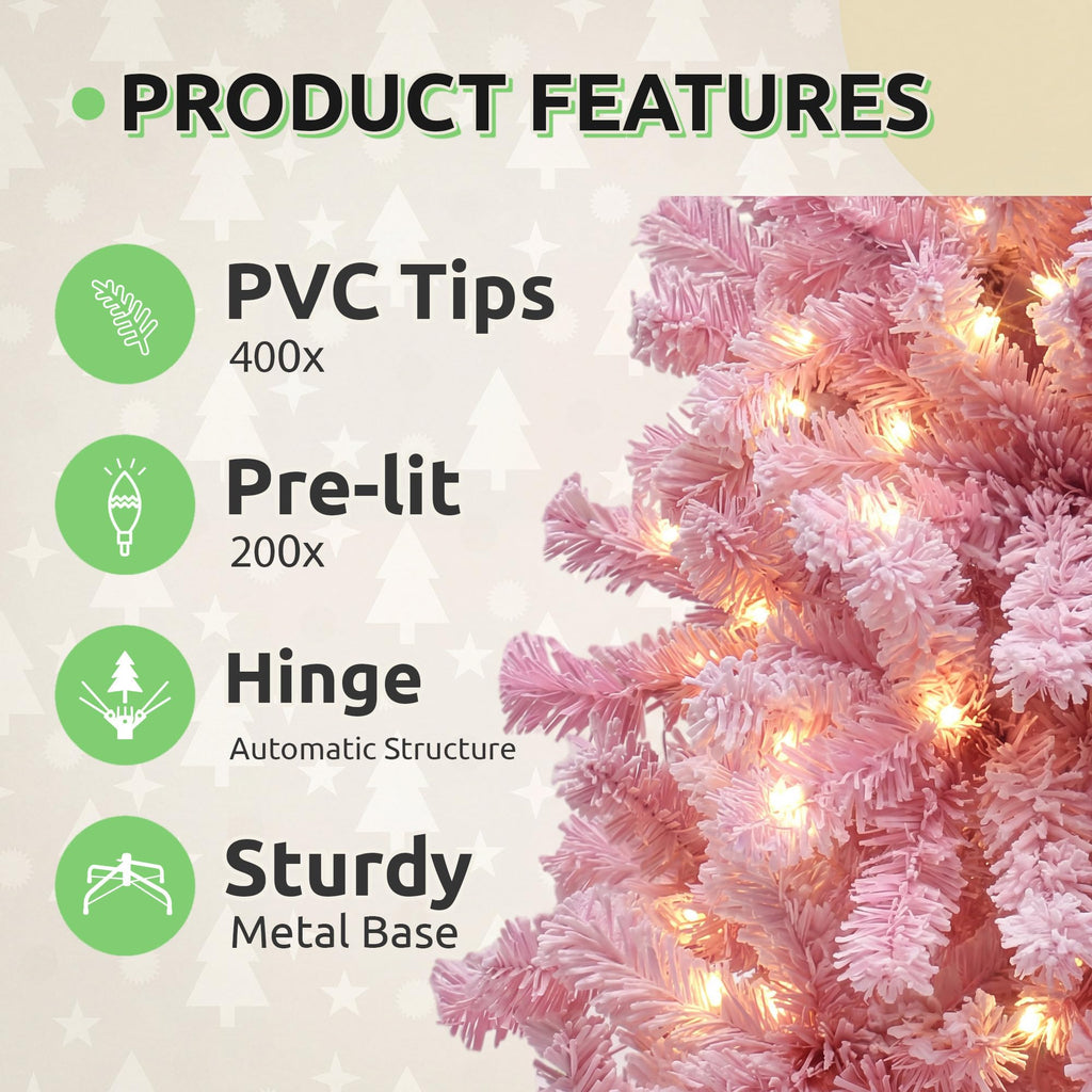 4.5ft Prelit Pink Flocked Christmas Tree w/ 200 Warm White Lights