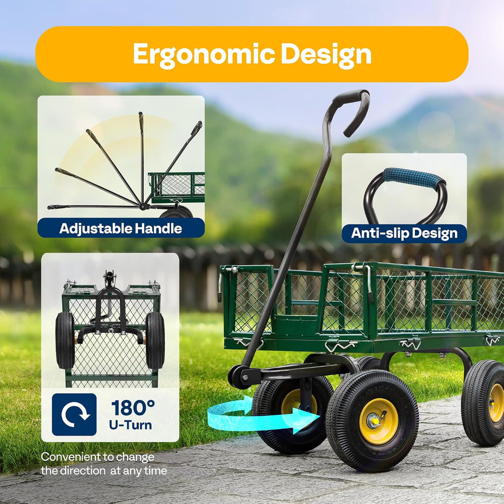 Heavy Duty 880 Lbs 4.5 Cu Ft Mesh Steel Garden Cart Utility Wagon | Removable Sides and 4.10/3.50-4" Wheels 10 inch