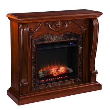 Cardona Carved Wood & Faux Marble Electric Fireplace, New Walnut