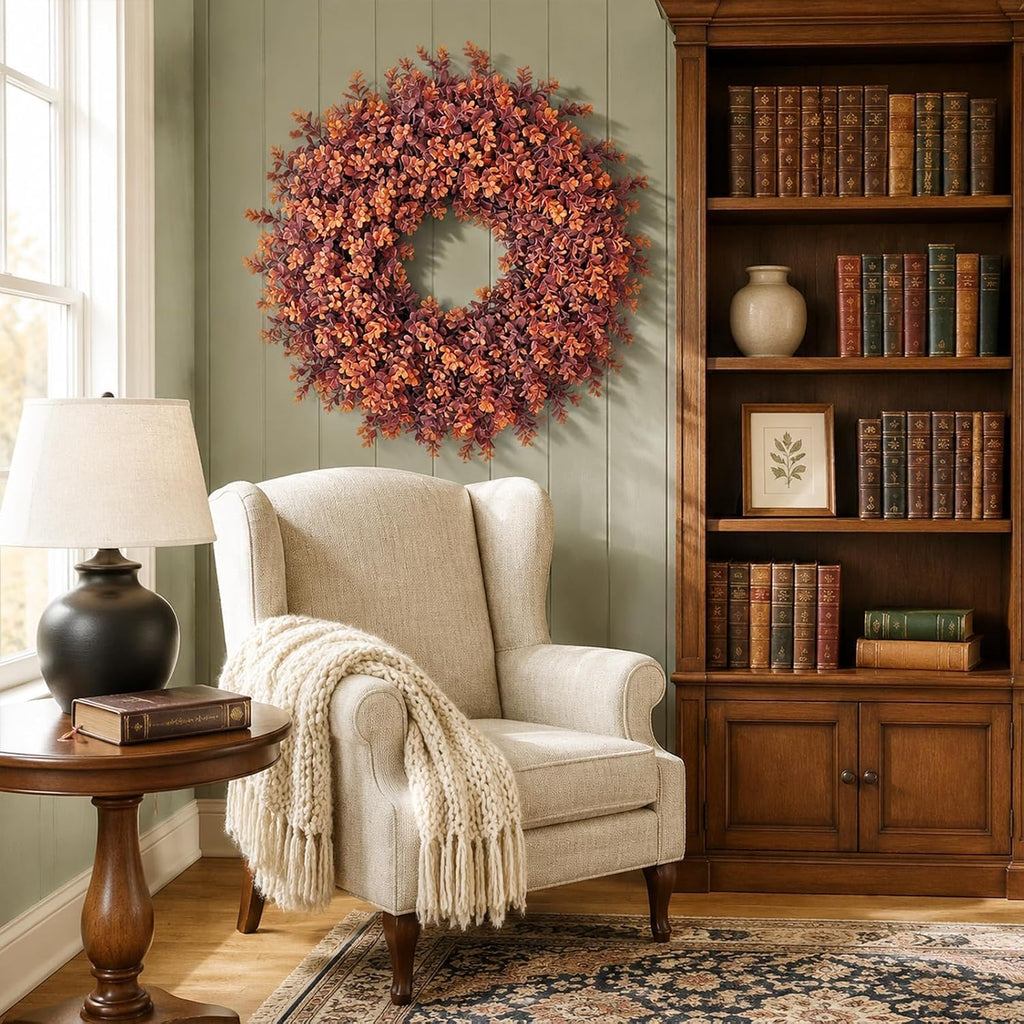 24" Artificial Fall Boxwood Wreath for Front Door Decoration (Deep Orange)